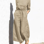 Solid Color Long Sleeve Rompers Back Button Elastic Waist Wide Leg Long Jumpsuit