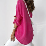 Nadorine Solid Loose Single breasted Full Pull Long Sleeve Blouse Polo Pocket Tops