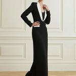 Long Sleeves Contrast Color Deep V-Neck Maxi Dresses