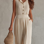 Bohemian Chiffon Pleated Shirt Collar Sleeveless Jumpsuit