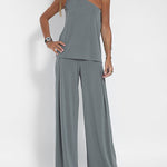 Three-Piece Set One-Shoulder Vest T-Shirt, Sleeveless Open-Front Cardigan, and Wide-Leg Pants