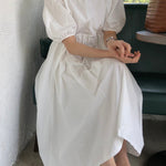 Original Loose Solid Color Pleated Puff Sleeves Midi Dress