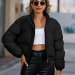 Short Puffer Jacket Stands Up Button Zipper Outerwear