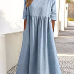 Nadorine Women's Beach Short Sleeve Scoop Neck Ruffle Swing Casual Boho Midi Dress with Pockets