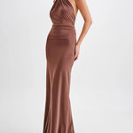 Slinky Halter Maxi Dress - Brown