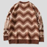 Vintage Floral Pattern Stitching Knit Sweater Casual Loose Round Neck Unisex Sweater