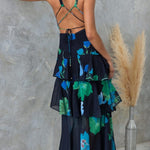 REFRESHING FLORAL PRINT BACK LACE-UP MULTI-TEIR RUFFLE HEM MAXI DRESS