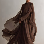 Women's Rich Brown Chiffon Dress With Flowy Maxi Silhouette & Cape-like Design, Modern Elegant-Glam Style Dress