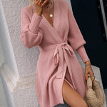 Lantern Sleeve Belted Sweater Dress