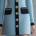 Vintage Classic V-neck Front Metal Button Black Trim Sky Blue Tweed Mini Dress