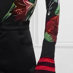 Long Sleeves Skinny Floral Printed Split-Joint High Neck T-shirts