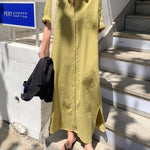 Oversized Button Down Maxi Shirt Dress Short Sleeve Side Split Casual Loose Solid Tunic Dress