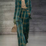 Retro And Fashionable Green Plaid Velvet Blazer High Waist Wide Leg Pants Set