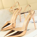 Belt Buckle Pointed-Toe Shiny Split-Joint Pumps Sandals