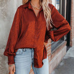 Nadorine Satin Button Down Blouse Zebra Print Lantern Casual Long Sleeve Collared Shirts Tops