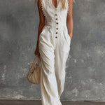 Elegant Vintage Western V-neck Front Buttons Lace Trim White Cotton Jumpsuit