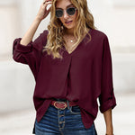 Nadorine V-Neck Long Sleeve Buckle T-Shirt Plain Shirts Shirt Top Elegant Shirts Casual Slim Fit Basic