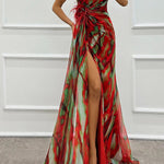 Amazing Views Watercolor Print Feather Rose Detail Off Shoulder Pleated Slit Maxi Dress