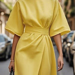 Loose Short Sleeves Pleated Solid Color Split-Joint Round-Neck Midi Dresses