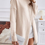 Solid color half turtleneck pullover sweater fashionable mid-length slit dress