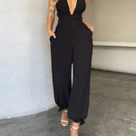 Nadorine Women's Crisscross Tie Backless Halter Jumpsuit Deep V Neck Sleeveless Jumpsuits