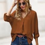 Nadorine V-Neck Long Sleeve Buckle T-Shirt Plain Shirts Shirt Top Elegant Shirts Casual Slim Fit Basic