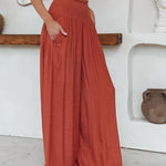 Loose Beach Elastic High Waist Casual Wide Leg Palazzo Yoga Lounge Trousers with Pockets
