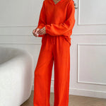 4Pcs Outfits Black Sets+Orange Sets Simple V-Neck Tops + Casual Wide Leg Pants