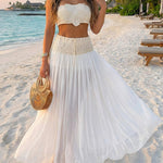 Women's Floral Crochet Two Piece Outfit Tube Top and Drawstring Sheer Maxi Skirt Set with Shorts