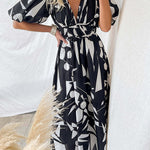 Margovil V Neck Puff Sleeves Printed Maxi Flowy Dress