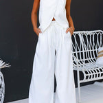 Sleeveless Halter Slit Top Tie Waist Wide Leg Pants Set