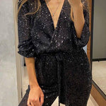 Margovil Wrap V Neck Tie Waist Sequin Jumpsuit