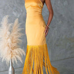 Margovil Halter Neck Patchwork Fringe Hem Satin Maxi Dress