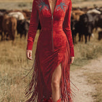 Western Style Vintage Embroidered Red Fringed Faux Suede Midi Dress