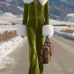 Fashion Retro Rose Red Velvet Faux Fur Collar Long Sleeve Flared Jumpsuit