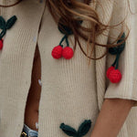 Margovil Short Sleeves Button Up Cherry Decorative Knit Sweater