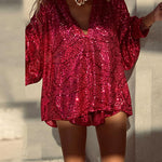 Margovil Sequin V Neck Lantern Long Sleeves Top and Shorts Set