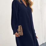 Notch Neck Solid Tunic Dress V-Neck Puff Sleeve Mini Tunic Dress