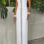 Loose Sleeveless Contrast Color Shiny Split-Back Mock Neck Maxi Dresses