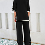 Nadorine Contrasting Color Slit Short-sleeved Sweater Wide-leg Trousers Two-piece Set
