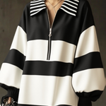 Long Sleeves Puff Sleeves Contrast Color Striped Zipper Lapel Mini Dresses
