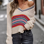 Striped Contrast V-Neck Dropped Shoulder Sweater
