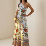 A-Line Sleeveless Contrast Color Flower Print Geometric Split-Joint One-Shoulder Maxi Dresses