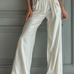 Women's Ivory Satin Fabric Halter Jumpsuit With Deep V-Neck & Elastic Waist