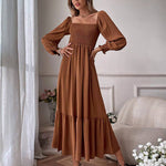 Solid Color Long Sleeve Dress Square Neck Lotus Leaf Maxi Dress