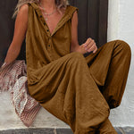 Solid Color Button Hood Sleeveless Jumpsuit