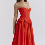 Strapless Corset Pleated Hem Prom Party Midi Dresses-Red