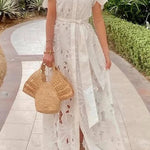 Dubai Style Floral Crochet Lace Short Sleeve Tie-up Shirt Maxi Dress