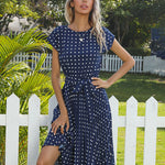Polka Dot Midi Modest Summer Dress for Women High Waist Short Sleeve with Belt