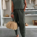 Leva Linen Blend Drawstring Short Sleeve Top and Elastic Waist Pocket Loose Tapered Pants